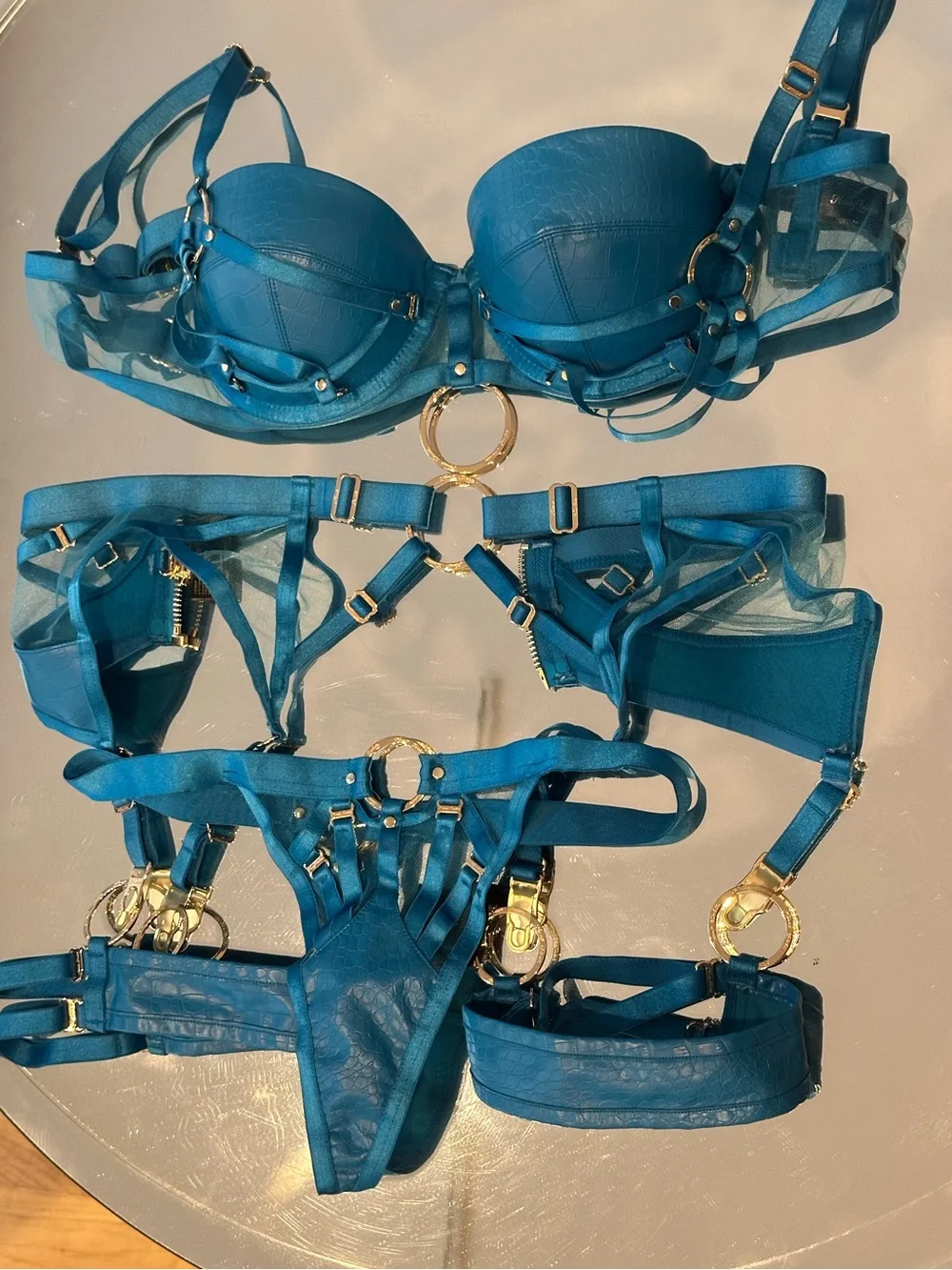 Honey Birdette MISTRESS T💙 Peacock Blue 3 piece set 32D S S